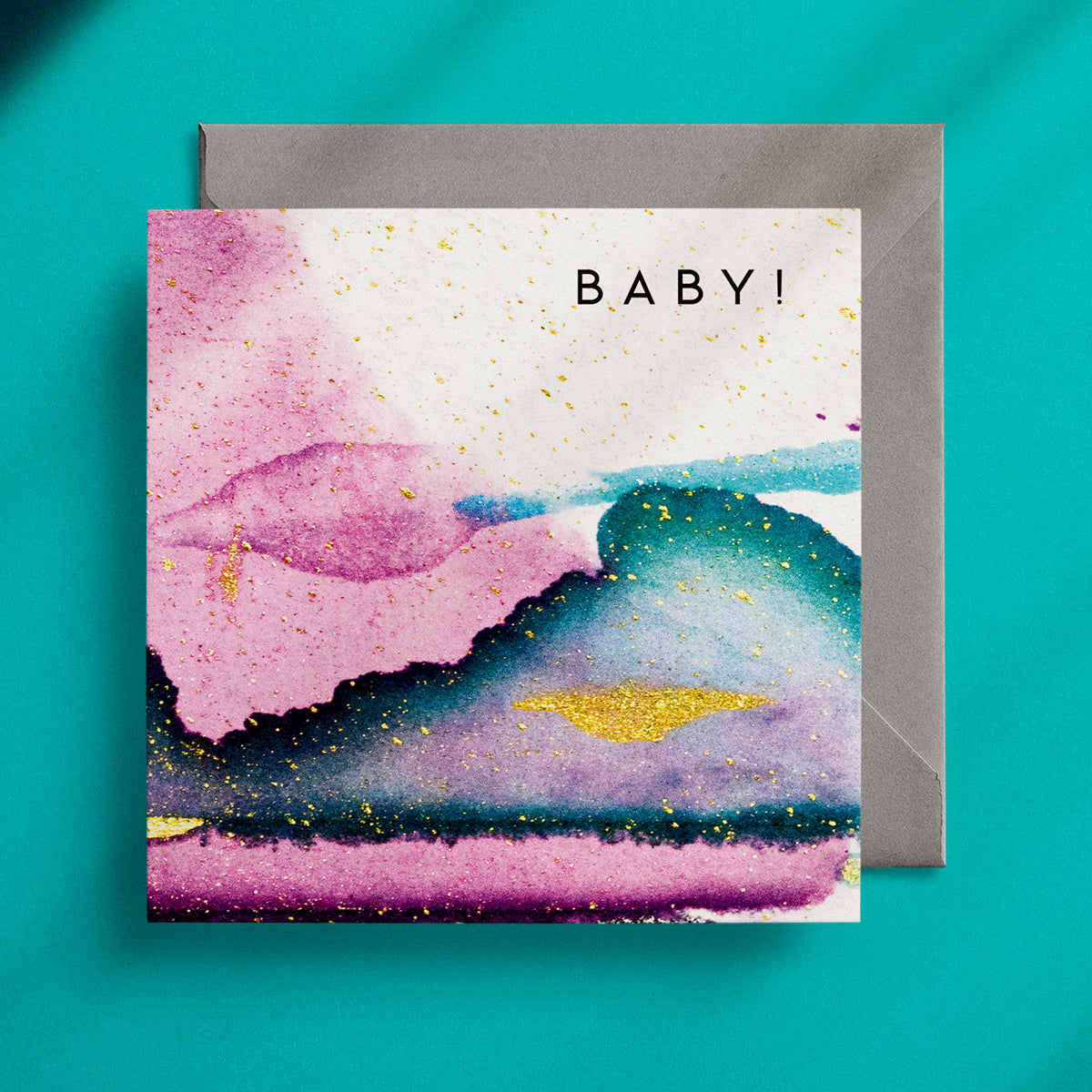 "Baby!" greeting card with a pink and green design that looks like fluffy clouds