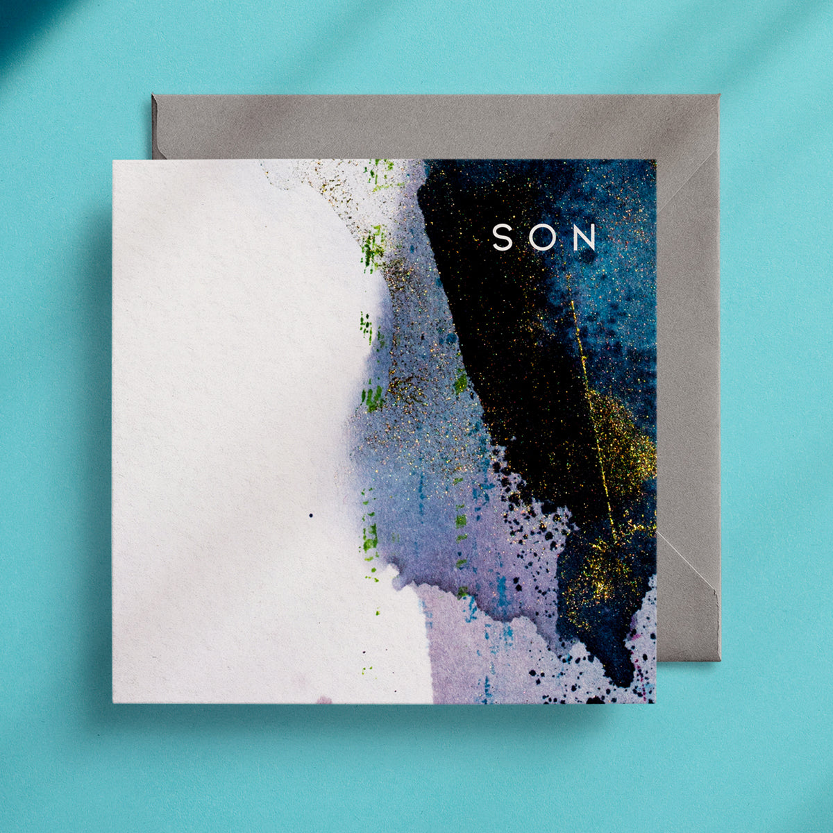 Navy blue and white greeting card design that says "Son" in the top right corner