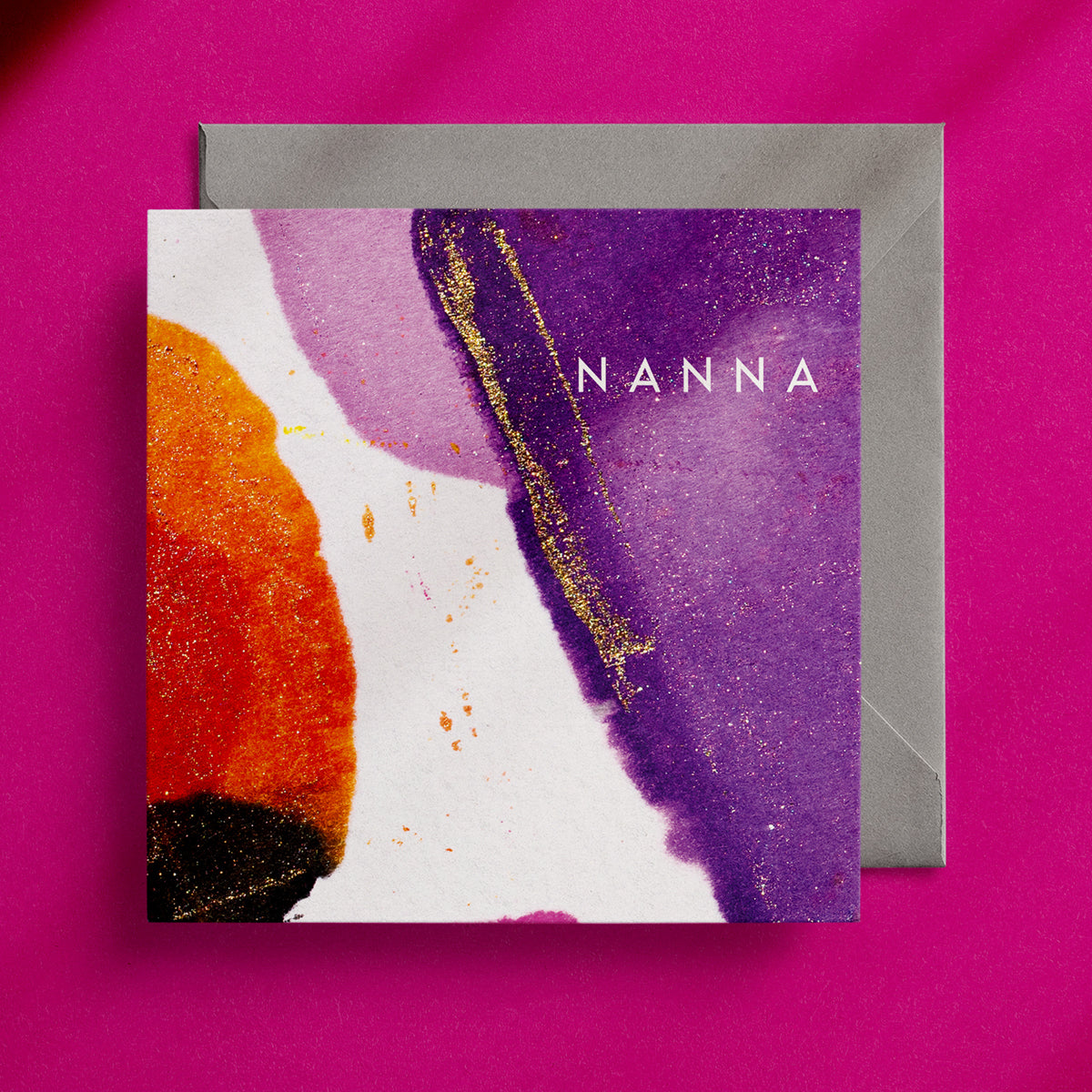 Brightly coloured Nanna greeting card with grey envelope