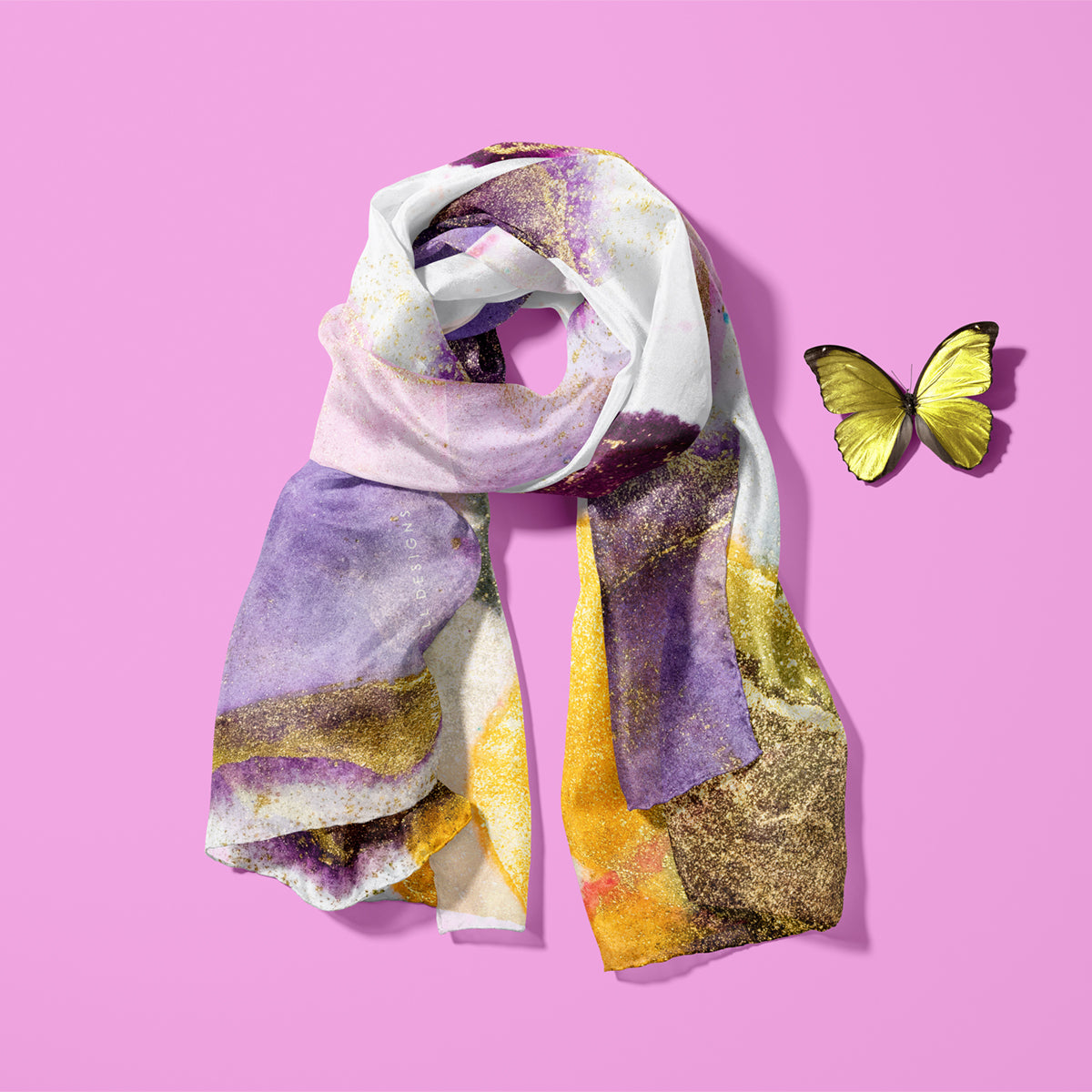 Delicate and luxurious silk scarf with an alcohol ink design and Wendy Bell Designs logo