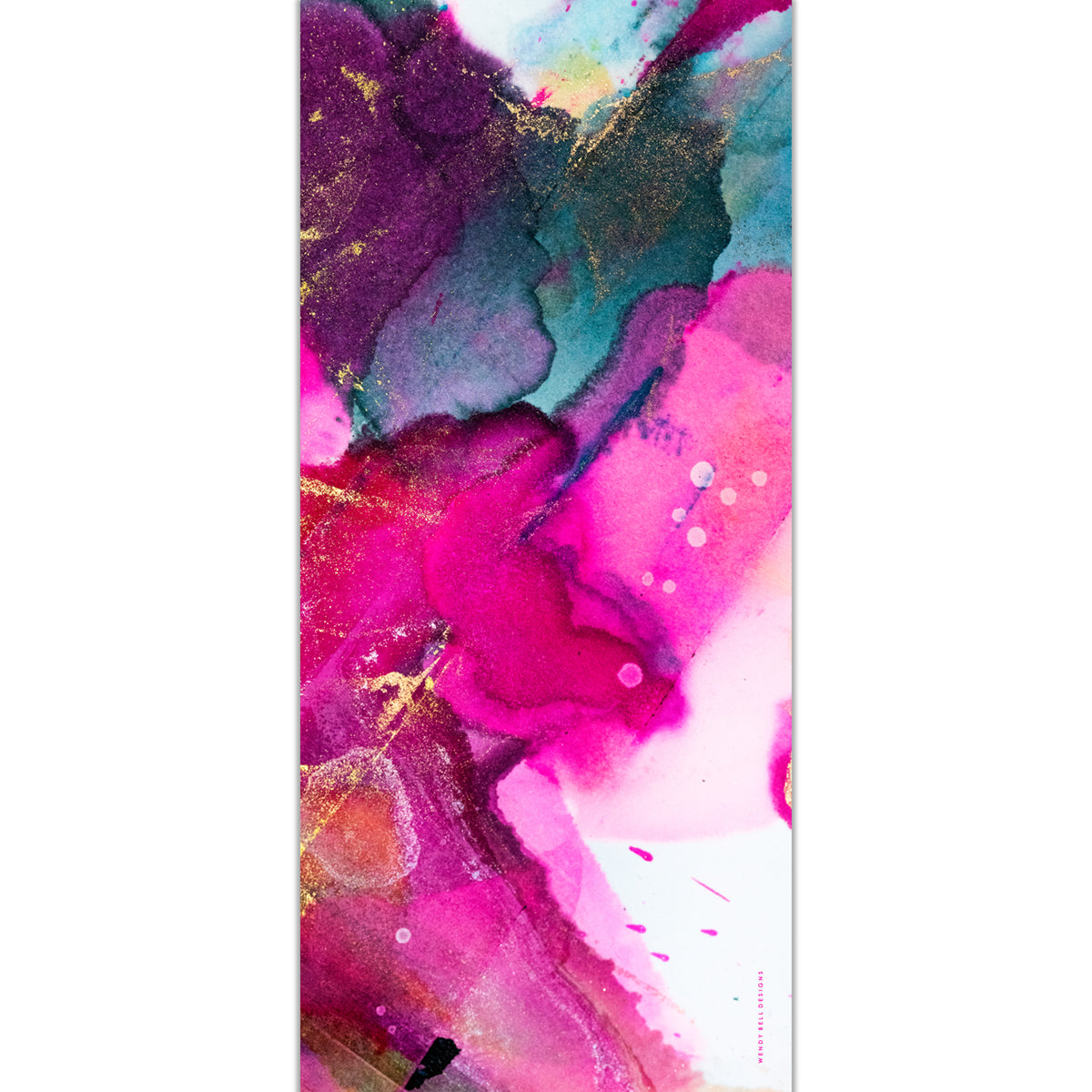Bright pink and multicoloured alcohol ink scarf design with Wendy Bell Designs branding
