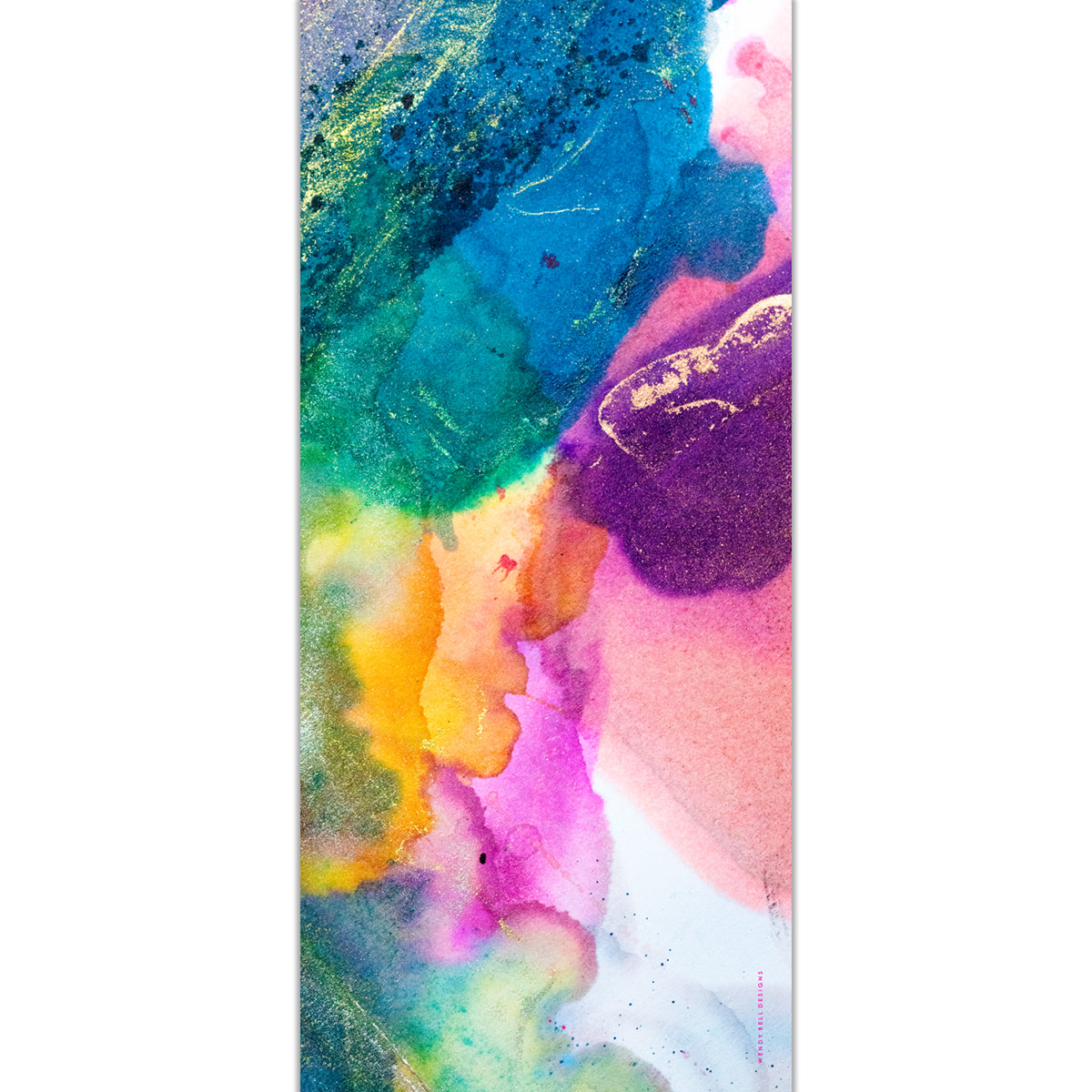 Beautiful, multi-coloured, abstract silk scarf design with Wendy Bell Designs branding in the bottom right corner