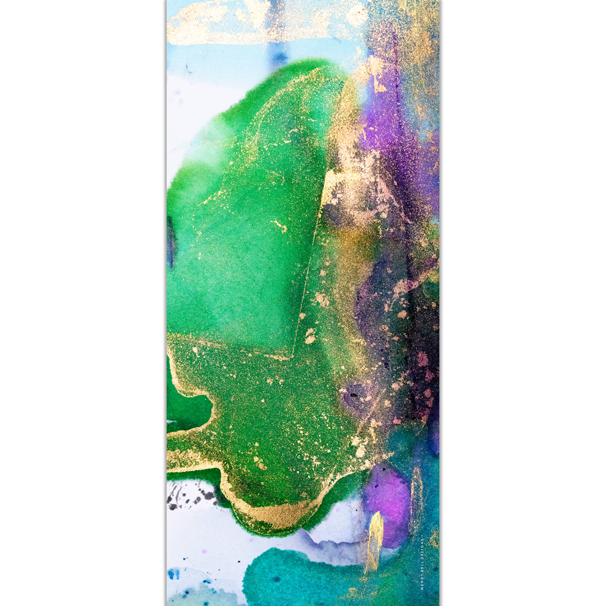 Vibrant green, gold and purple alcohol ink silk scarf design with Wendy Bell Designs branding