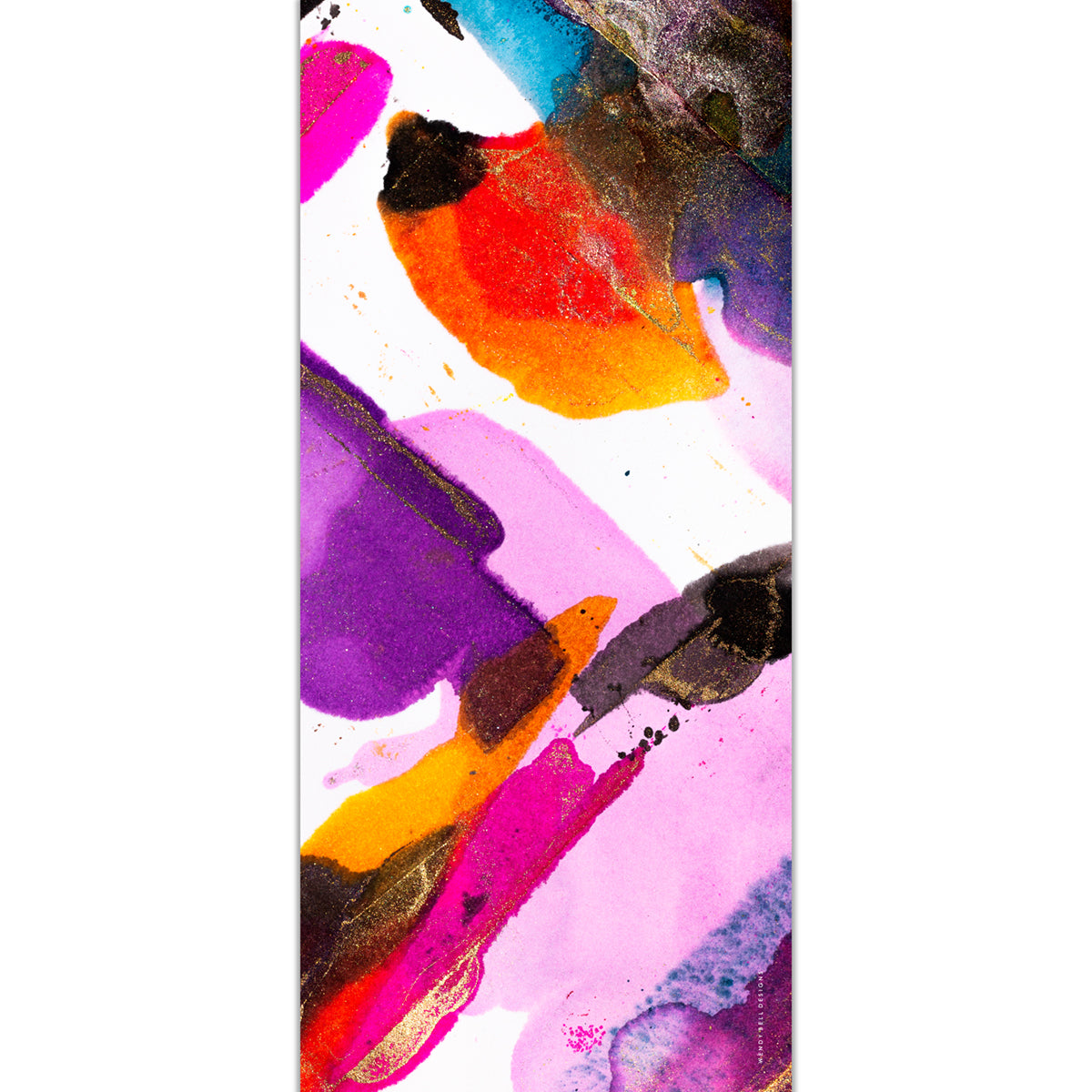 Abstract multi-coloured shapes creating a vibrant silk scarf design with Wendy Bell Designs logo in the bottom corner