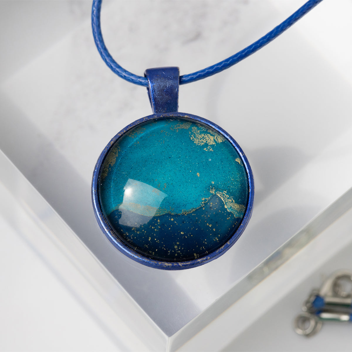 Shimmery Blue & Gold Round Necklace with Blue Wax Cord - SECONDS