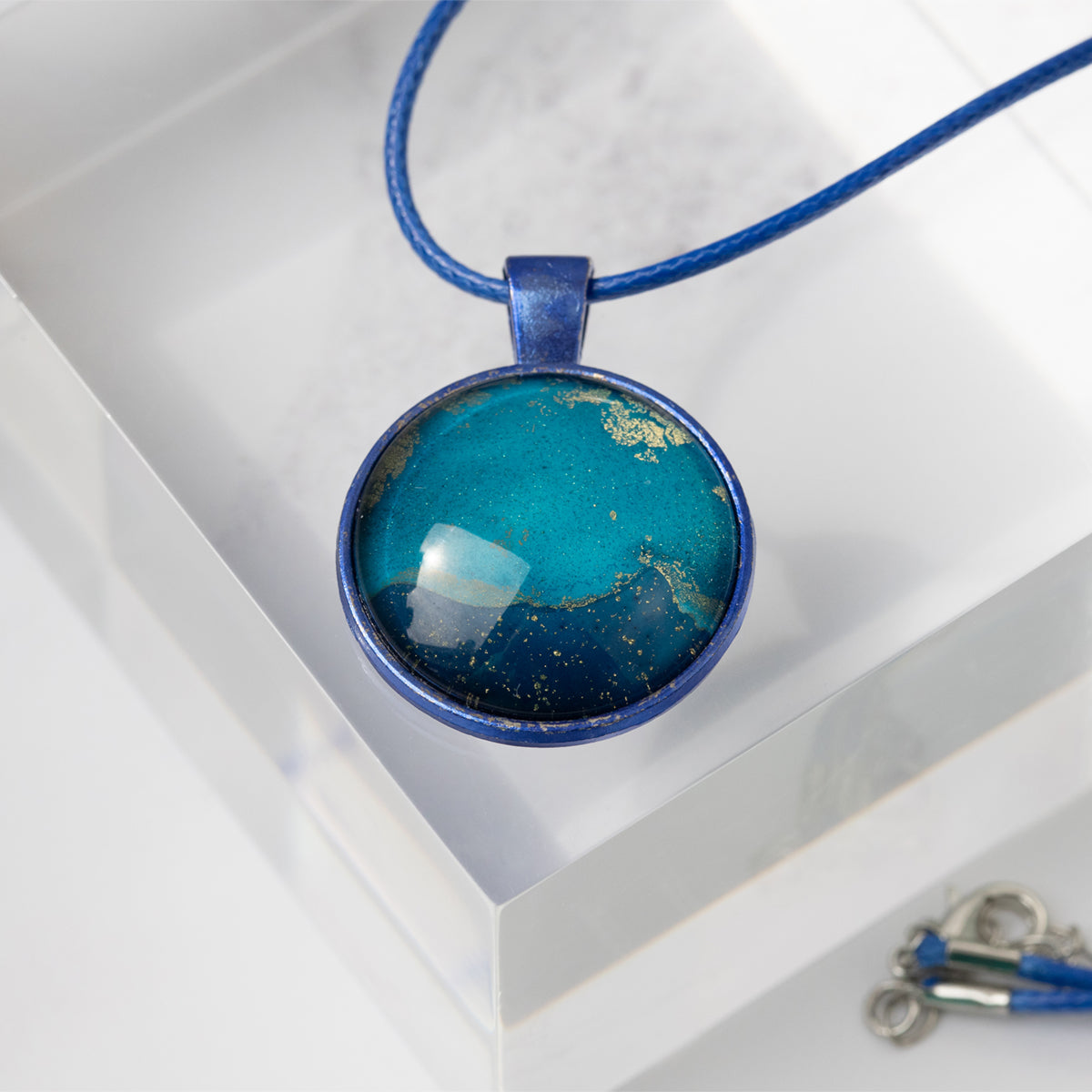 Shimmery Blue & Gold Round Necklace with Blue Wax Cord - SECONDS