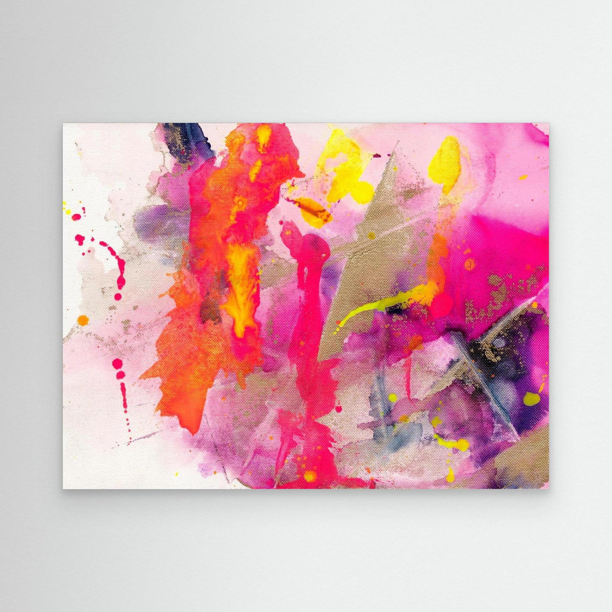 Beautiful Chaos Origin - a canvas art print by Wendy Bell. Brightly coloured, pink, yellow, orange and purple abstract wall art digitally printed onto canvas - available framed or unframed.