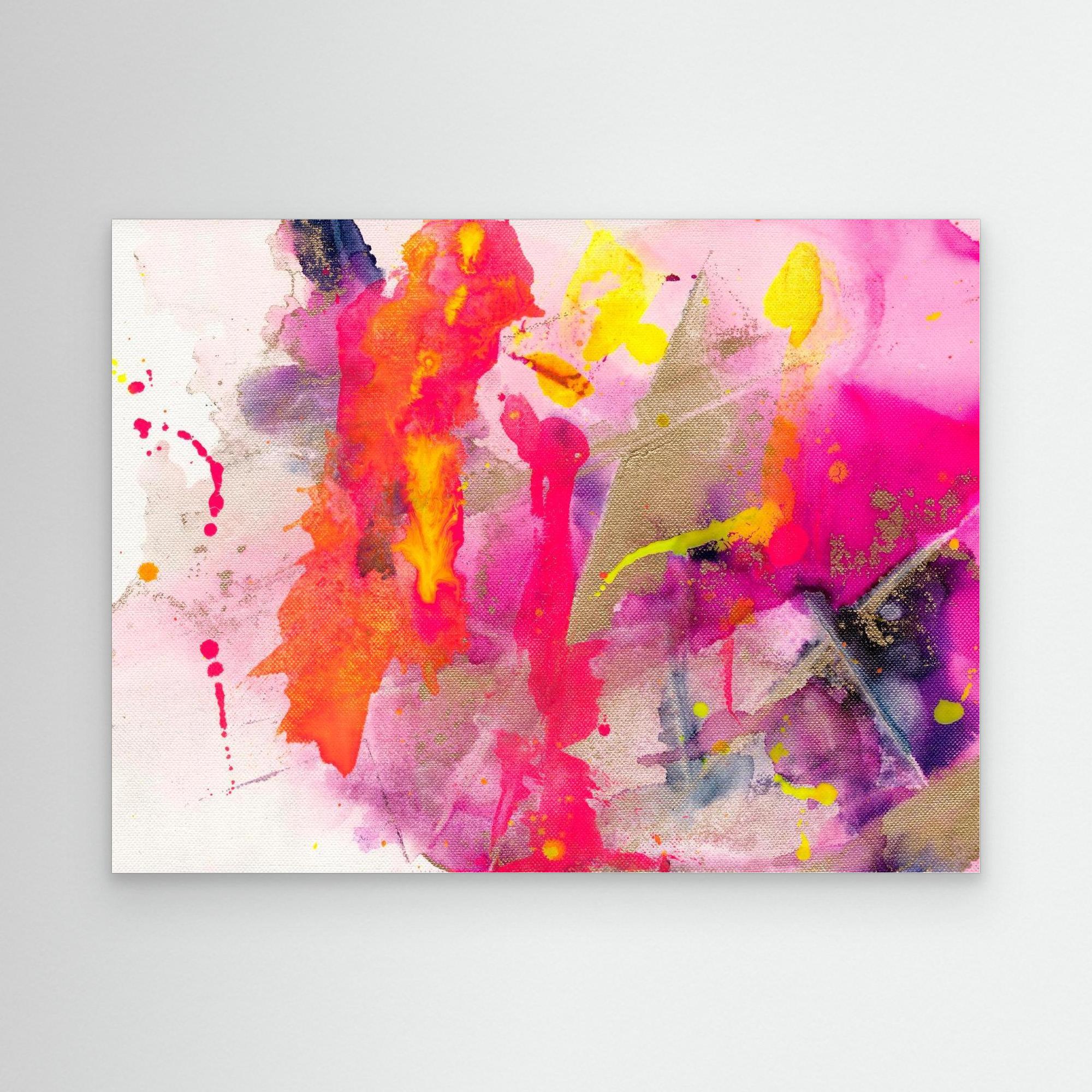 Beautiful Chaos Origin - a canvas art print by Wendy Bell. Brightly coloured, pink, yellow, orange and purple abstract wall art digitally printed onto canvas - available framed or unframed.