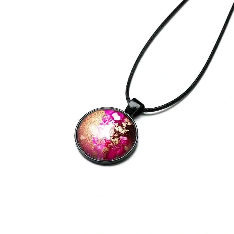 Magenta, Gold & Black Round Necklace with Black Wax Cord