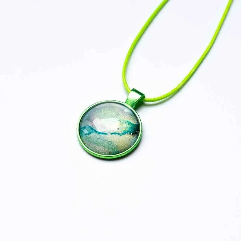 Shimmery Gold & Green Round Necklace with Lime Green Wax Cord - SECONDS