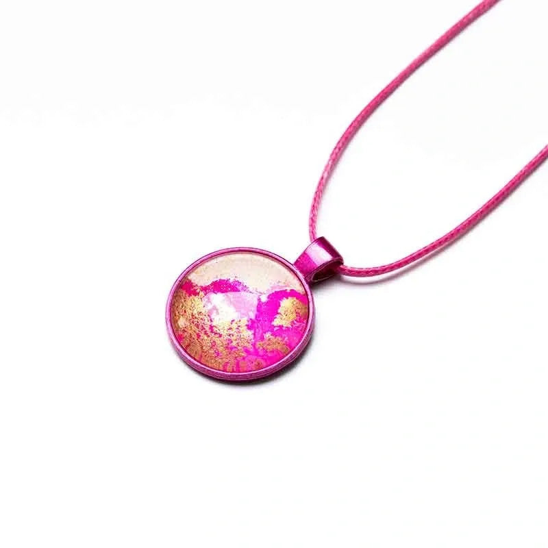 Sparkly Gold & Hot Pink Round Necklace with Hot Pink Wax Cord