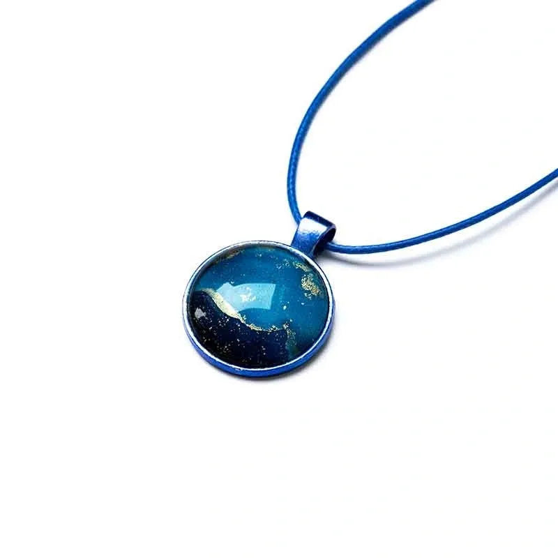 Shimmery Blue & Gold Round Necklace with Blue Wax Cord