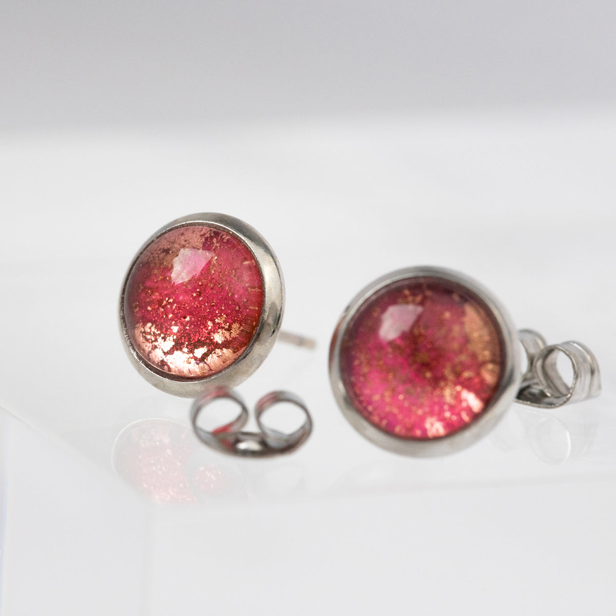 Shimmery Pink & Gold Hypoallergenic Stud Earrings - 8mm
